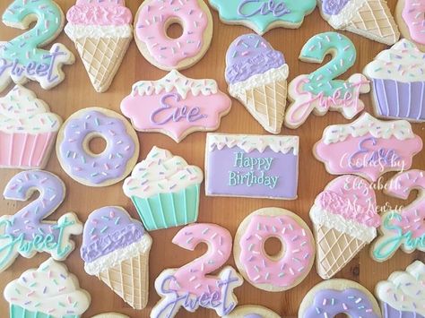 Icecream cookies Donut cookies Cupcake cookies 2 Sweet Cupcakes, 2 Sweet Birthday Theme Cookies, 2 Sweet Cookies Decorated, Sweet One Cookies Decorated, Two Sweet Party 2nd Birthday Cookies, Two Sweet Party Food Ideas, Birthday Cupcake Cookies Decorated, 2 Sweet Birthday Cookies, 2 Sweet Cookies