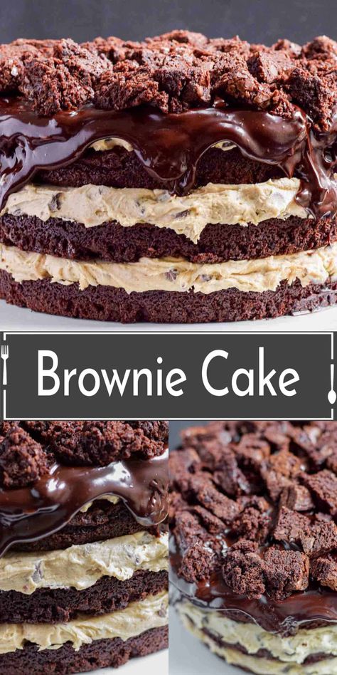 This decadent brownie cake recipe blends three beloved desserts: the rich, fudgy texture of brownies, irresistible chocolate chip cookie dough, and the structure of a cake. Cookie Dough Brownie Cake Recipe, Tim Tam Brownie Cake Outback, Chocolate Chip Brownie Cake, Layered Brownie Cake, Homemade Birthday Cake For Boyfriend, Cake Brownies Recipe Homemade, Brownie Birthday Cake Ideas, Brownie Tower Cake, Brownie Cake Design