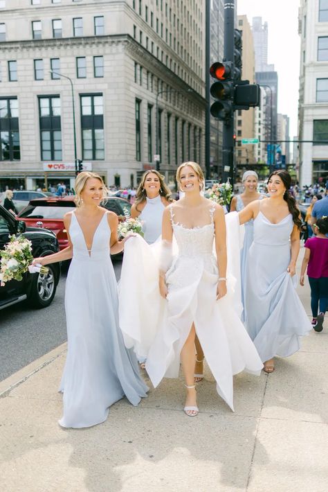 Jenny Yoo Bridesmaids, Jenny Yoo Whisper Blue, Birdy Grey Ice Blue, Ice Blue And Black Wedding, Light Blue Mismatched Bridesmaids, Light Blue Satin Bridesmaid Dresses, Ice Blue Dresses, French Blue Bridesmaid Dress, Powder Blue Bridesmaid Dress