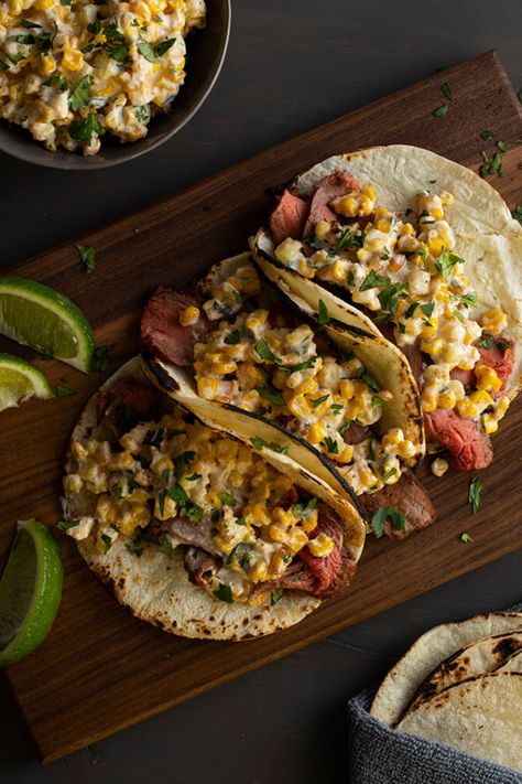 Corn Street Tacos, Grilling Recipes Dinner, Mexican Corn Tacos, Fajita Dinner Recipes, Weekend Dinner Ideas Healthy, Clean Eating Steak Recipes, Street Corn Tacos Recipe, Street Corn For Tacos, Grilled Street Tacos