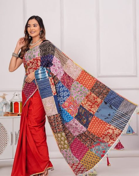 New Cotton saree with Patch work✨ Made with 100%cotton, it combines sophistication with eco-consciousness. Each saree is distinctive with vibrant patches, promoting sustainable fashion. Specifications: width 47" Length 5.5 mtr Printed blouse material 1 mtrs . . . Dm to order or Whatsapp on :- 9871294027 . . Do like, Share, Follow and comment our page @manoshreesarees #saree #design #manoshree #manoshreesarees #trendy #vibrantcolors #purplesaree #greysaree Saree Patch Work Designs, Draping Styles, Elegant Sarees, Saree Draping Styles, Grey Saree, Saree Draping, Purple Saree, Saree Design, Blouse Neck