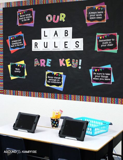 Computer Lab Headphone Storage, Ict Lab Decorations, Computer Classroom Decor Ideas, Computer Classroom Design, Computer Lab Rules Posters, Technology Classroom Decor, Computer Lab Bulletin Board Ideas, Computer Lab Design, Computer Lab Rules