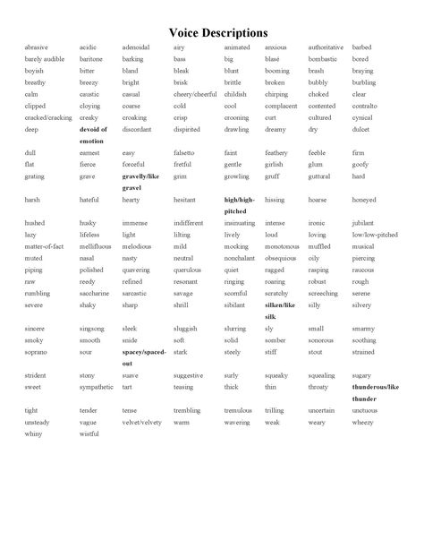 Voice Descriptions Description Of Voice, Types Of Voices Writing, Skin Descriptions For Writing, Types Of Voices Tones, Describing Black Characters, Describe Male Character, Voice Tones Writing, Skin Description Writing, Words To Describe Voice