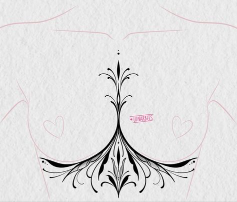 Art Nouveau Tattoo Sternum, Sternum Tattoo Designs For Women, Japanese Sternum Tattoo, Sternum Tattoo Ornamental, Sternum Tattoo Cover Up, Ornamental Underboob Tattoo, Ornamental Tattoo Sternum, Sternum Ornamental Tattoo, Sternum Ornament