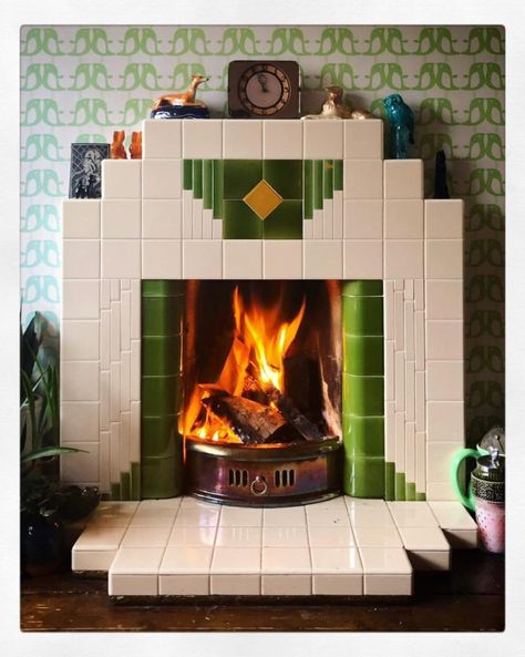 Wyndham Art Deco all tiled fireplace with extra stick detail Art Deco Tiled Fireplace, Art Deco Fireplaces, Vintage Fireplace Tile, Tiled Chimney, Green Tile Fireplace, 70s Fireplace, Unique Fireplace Ideas, Mckinley Dollhouse, Art Deco Fireplace Surround