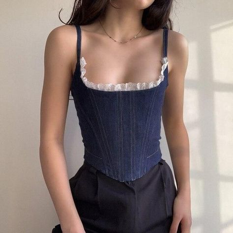 Women Streetwear Summer, Korean Style Summer, Lace Bustier Top, Denim Bustier, Denim Corset Top, Denim Tank Top, Denim Tank, Boned Corsets, Corset Fashion