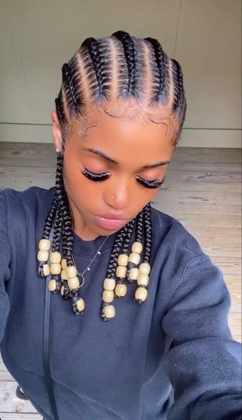 Cornrows For Girls Black, Cornrows Added Hair, Cornrows On Women, Cornrow Hairstyles Beads, Cornrows Natural Hair With Beads, 6 Cornrow Hairstyles, Cornrow For Natural Hair, Cornrows Braids For Natural Hair, Eight Cornrows Braids