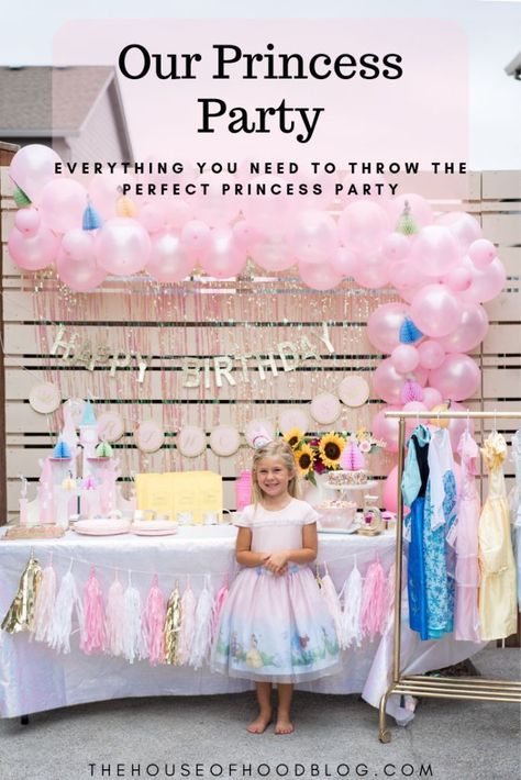 Chelsee from The House of Hood Blog shares her daughters 5th princess themed party! All the details from the balloon garland, decor, and extra special princess dresses! #birthdayparty #birthdaypartydecor #partydecor #partyinspo #birthdaydecor #partydecorinspo #princessparty #princessbirthday #diy #diyballoongarland Whimsical Princess Birthday Party, Backyard Princess Party, Princess Party Game Ideas, Backyard Princess Birthday Party, Classy Princess Party, Halloween Princess Party, Princess 5th Birthday Party, Princess Dress Up Party, Toddler Princess Party