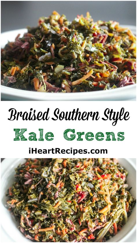 How to make Delicious braised southern, soul food style kale greens seasoned with smoked turkey, peppers, onions, and more! Usually when I’m requested to share a southern greens recipe, It&#8… Kale With Smoked Turkey, Kale Greens With Smoked Turkey, Kale Collard Greens Recipe, Southern Kale Greens, How To Cook Kale Greens, Kale And Collard Greens Recipes, Frozen Kale Recipes, Kale Greens Recipe Southern, Crockpot Kale