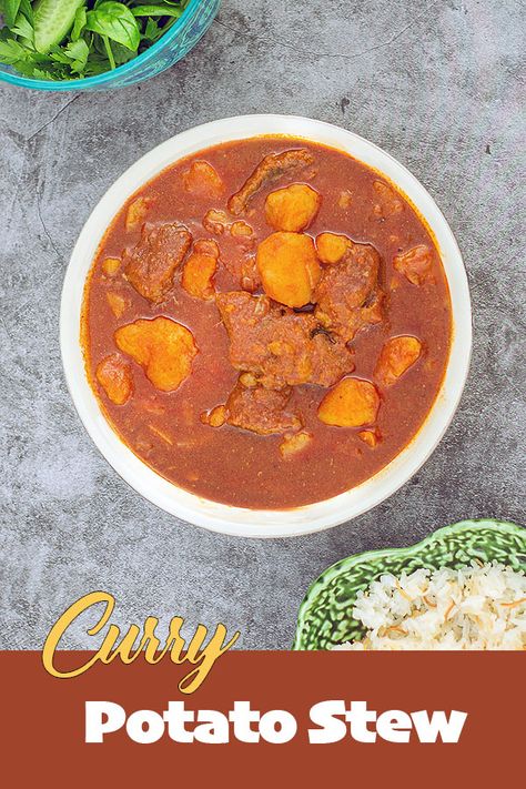 Curried Potato Stew, an Assyrian recipe that's usually served over white rice. This tasty stew can be prepared with beef, lamb, or chicken. #kari #curry #potatostew #Hildaskitchenblog Assyrian Recipes, Chaldean Recipe, Rice Curry, Southern Comfort Recipes, Potato Stew, Curry Stew, Arabic Recipes, Sweet Potato Curry, Domino Effect