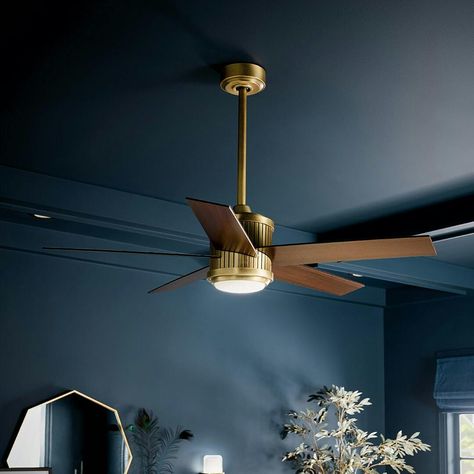 48" Brahm 5 Blade Ceiling Fan Brass | Kichler Lighting Office With Ceiling Fan, Retro Ceiling Fan, Bedroom Fan Ideas, Mid Century Ceiling Fan, Mid Century Modern Ceiling Fan, Ceiling Fan Ideas, Cieling Fans, Stylish Ceiling Fan, Dining Room Ceiling Fan