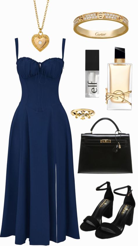 navy blue dress, black & gold accessories, outfit inspo Navy Blue Elegant Dress Classy, Navy Blue Date Night Outfit, Blue Graduation Outfit Ideas, Navy Blue Dress With Gold Accessories, Navy Satin Dress Outfit, Navy Dress Gold Accessories, Navy Dress Accessories Jewelry, Navy And Silver Outfit, Navy Old Money Outfit