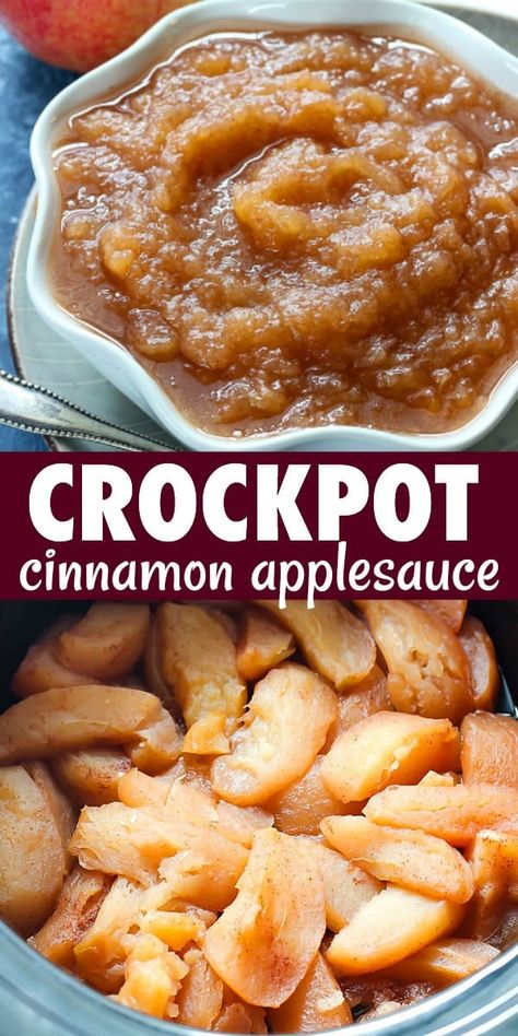 Crockpot Cinnamon Applesauce - homemade applesauce is super easy to make in your slow cooker, and only requires four simple ingredients! This is the perfect snack or treat, and tastes amazing when it's warm! Cinnamon Apple Sauce, Crockpot Applesauce, Cinnamon Applesauce, Apple Recipes Healthy, Applesauce Recipe, Apple Recipe, Apple Sauce Recipes, Homemade Applesauce, Apple Sauce