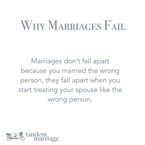 WHY MARRIAGES FAIL Marriages don’t fall apart because you married the wrong person, they fall apart when you start treating your spouse like the wrong person. If you need help, just ask. https://TandemMarriage.com/start/ #MarriageGoals #TeamUs Married The Wrong Person Quotes, Marriage Failing, Why Marriages Fail, Seperation Marriage, Marrying The Wrong Person, Failed Marriage, Failing Marriage, Marriage Issues, Bad Marriage