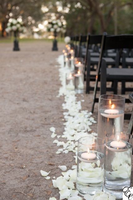 Floating Candles Down The Aisle, Rose Petals Centerpiece Wedding, Floating Candles Ceremony Aisle, Rose Petals Ceremony Aisle, Petals And Candles Down Aisle, Ceremony Aisle Candles Outdoor, Floating Candles Aisle Wedding, Rose Petals Aisle Wedding, White Rose Ceremony Flowers