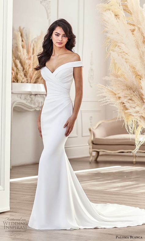 paloma blanca fall 2021 bridal off shoulder straps sweetheart neckline ruched bodice clean minimalist sheath wedding dress chapel train (5) mv -- Paloma Blanca Fall 2021 Wedding Dresses | Wedding Inspirasi #wedding #weddings #bridal #weddingdress #weddingdresses #bride #fashion #label:PalomaBlanca #season:Fall/Winter #week:262021 #year:2021 ~ Wedding Dress Rouched Bodice, Minimalist Wedding Gown Off Shoulder, Plain Off Shoulder Wedding Dress, Simple Off Shoulder Wedding Dress, Modern Minimalist Wedding Gown, Wedding Dresses For Second Marriage, Modern Simple Wedding Dress, Bridal Off Shoulder, Wedding Gown Off Shoulder