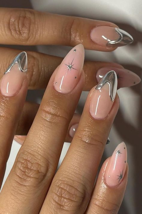 Add a touch of elegance and edge to your style with these sophisticated sheer pink stiletto nails featuring silver chrome French tips and delicate star designs. The perfect blend of chic and glam to make a fashion-forward statement. ✨ // Photo Credit: Instagram @ceesclaws Silver Nail Designs, Chrome Nails Designs, October Nails, Silver Nail, Metallic Nails, Star Nails, Silver Nails, Prom Nails, Pretty Acrylic Nails