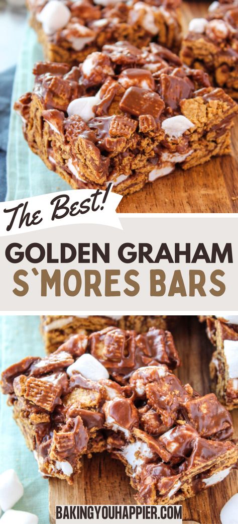 Golden Graham S’mores Bars, layers of ooey-gooey goodness in every chocolatey bite make these delicious no bake bars a favorite treat! S’mores Squares Golden Grahams, Some More Bars, S’mores Bars Golden Graham, Smores Bars Recipe Golden Grahams, Pinch Of Yum Smores Bars, Golden Graham Bars Recipes, Indoor S’mores Golden Grahams, Baked Good For Bake Sale, S’mores Bars Recipe Golden Grahams