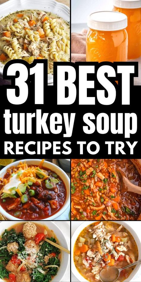 Turn your turkey leftovers into something extraordinary with 31 leftover turkey soup recipes. From the rich flavors of homemade creamy soups to speedy instant pot creations, the options are endless! Best Turkey Soup Recipe, Cream Of Turkey Soup Recipe, Turkey Soup Recipes Homemade, Leftover Turkey Soup Recipes, Cream Of Turkey Soup, Best Turkey Soup, Turkey Soup Recipes, Using Leftover Turkey, Turkey Stock Recipe