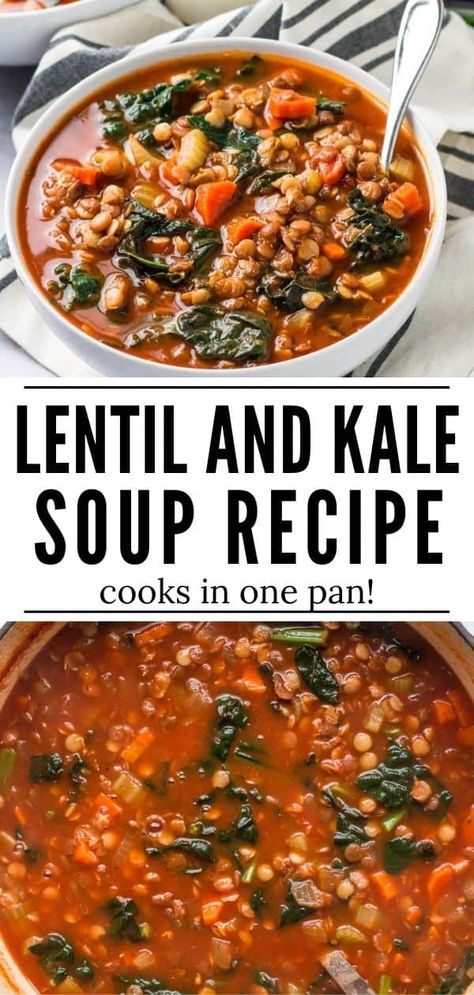 This lentil and kale soup is packed with veggies, lentils and seasonings. It comes together easily in one pan and tastes great as leftovers. Best Lentil Soup Recipe Cookie And Kate, Veggie Soup With Kale, Easy Vegetarian Lentil Recipes, Red Lentil Kale Soup, Keto Lentil Soup Recipes, Healthy Lentil Veggie Soup, Lentils And Veggies, Kale Lentil Soup Crock Pot, Lentil Soup With Rice