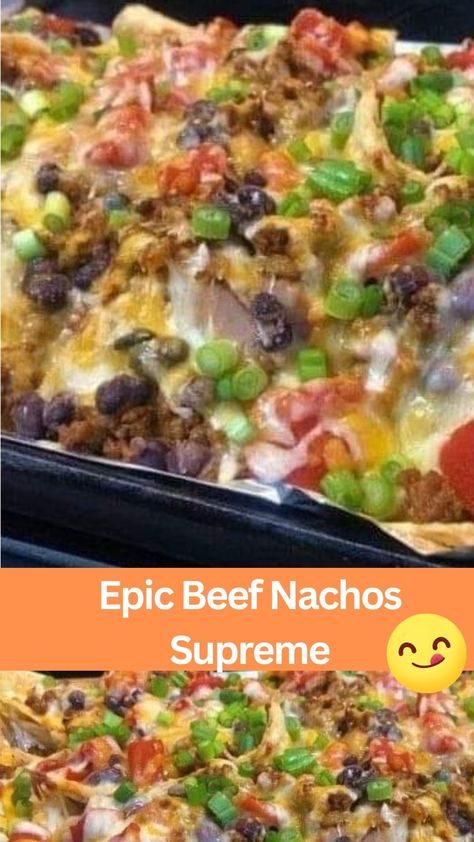 Epic Beef Nachos Supreme - Beef nachos, Party appetizer, Game day snacks, Easy recipe, Gooey cheese, Savory toppings, Quick and delicious, Family favorite. Epic Beef Nachos Supreme, Blackstone Nachos Supreme, Black Stone Nachos Recipes, Beef Fajita Nachos Recipe, Super Nachos Ground Beef, Nacho Cheese Beef Wrap, Nacho Supreme Recipe, Fajita Nachos Recipe, Beef Nachos Supreme