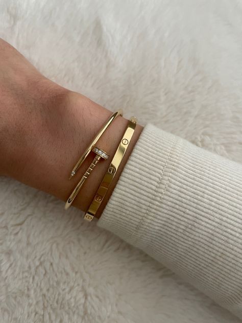 Cartier Pin Bracelet, Cartier Knot Bracelet, Cartier Juste Un Clou Bracelet Aesthetic, Cartier Aesthetic Bracelet, Cartier Love And Juste Un Clou Bracelet Stack, Stacked Cartier Love Bracelets, Cartier Love Bracelet And Juste Un Clou, Gold Bracelet Cartier, Cartier Bangle Stack