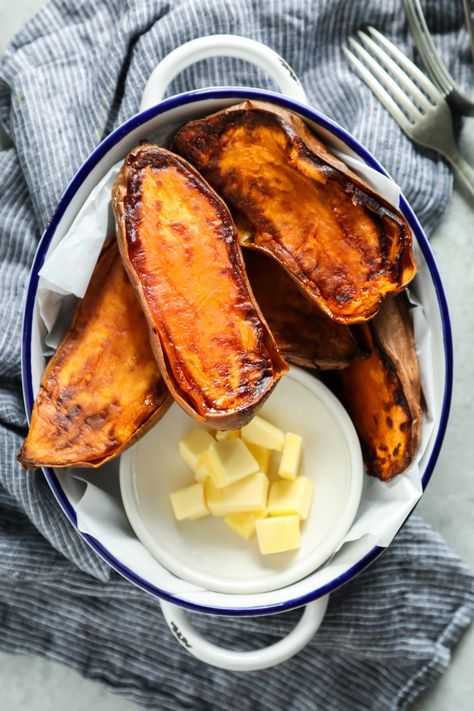 Perfectly soft, caramelized sweet potatoes in under 40 minutes. Prep these sweet potatoes in advance for a quick and easy real food option throughout the week. Cooking Beets In Oven, Best Baked Sweet Potato, Sweet Potato Dinner, Sweet Potato Recipes Roasted, Morning Recipes Breakfast, Cooking Beets, Sweet Potato Recipes Healthy, Sweet Potato Recipes Baked, Dinner Then Dessert