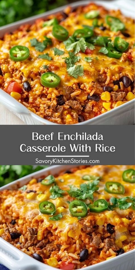 Searching for an easy yet delicious dinner solution? This Beef Enchilada Casserole with Rice combines ground beef with savory spices for a delightful meal. Be sure to save this recipe for quick reference when you need a delicious dinner idea! Ground Beef Enchilada Casserole Easy, Mexican Rice Casserole Beef, Ground Beef With Rice Recipes, Recipes With Ground Beef And Rice, Casserole Recipes Rice, Rice And Beef Recipes, Meat And Rice Recipes, Enchilada Casserole With Rice, Mexican Dinner Ideas Authentic