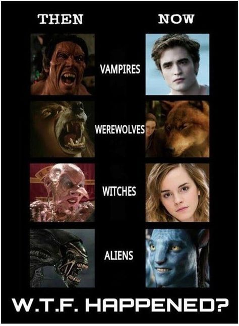 Dear Hollywood: What Happened?! Humour Geek, Zombie Vampire, Then Vs Now, 80s Horror, Vampires And Werewolves, Funny Horror, Movie Memes, Coat Hangers, Geek Humor