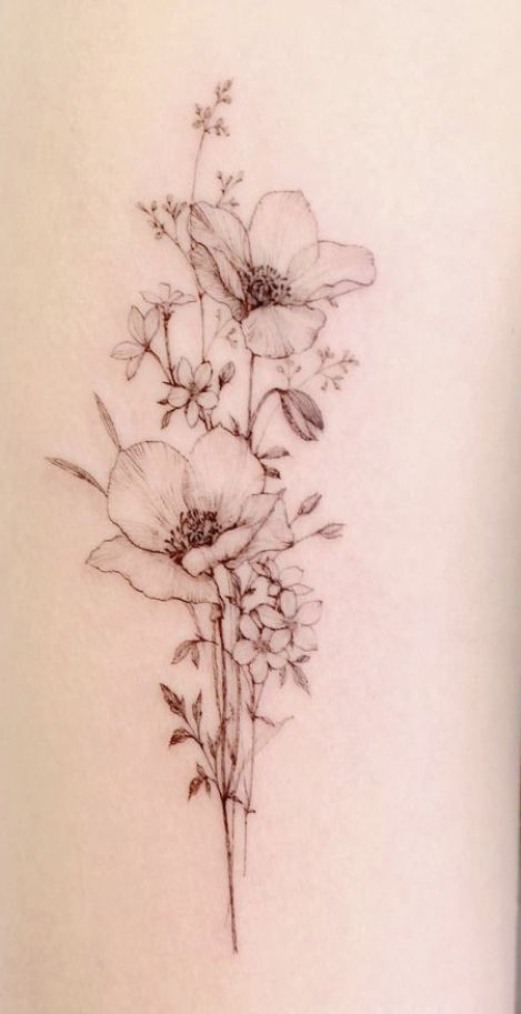 Realistic Wild Flower Tattoo, Elegant Womens Tattoos, Wildflowers And Mountains Tattoo, Iris Wildflower Tattoo, Wild Flower Tattoos For Women, Wildflower Tattoo Ribs, Botanical Tattoo Vintage, Fineline Tattoo Ideas, Dainty Flower Tattoos