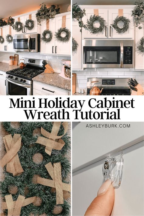 How to Make DIY Kitchen Cabinet Wreaths • Ashley Burk Kitchen Cabinet With Wreath, Mini Christmas Wreaths For Kitchen Cabinets, Kitchen Window Wreaths Indoor, Kitchen Cupboard Christmas Wreaths, Cabinet Door Wreaths Christmas, Kitchen Christmas Decorations Cabinets Diy, Christmas Wreath For Kitchen Cabinets, Christmas Garland On Cabinets, Christmas Wreath On Cabinet Door