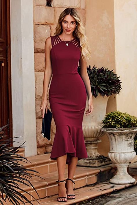 PRETTYGARDEN Women's Elegant Midi Bodycon Dress Sleeveless Backless Ruffle Hem Mermaid Formal Cocktail Wedding Guest Dresses at Amazon Women’s Clothing store Mermaid Midi Dress, Gorgeous Boots, Formal Cocktail Dress, Long Bodycon Dress, Elegant Pattern, Sleeveless Bodycon Dress, Mini Robes, Midi Sheath Dress, Hip Dress