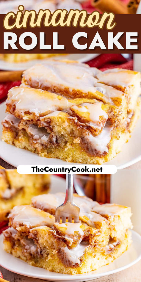 This Homemade Cinnamon Roll Cake dessert has all the flavor of a cinnamon roll but in an easy cake with a vanilla icing drizzled on top! Cinnamon Easy Desserts, Cinnamon Roll Gooey Butter Cake With Cream Cheese Drizzle, Cinnamon Swirl Dump Cake, Peaches And Cream Dessert Recipes, Vanilla Cake Dessert Ideas, Quick And Easy Homemade Desserts, Homemade Cinnamon Roll Cake, Homemade Cinnamon Roll Casserole, Quick Bake Desserts