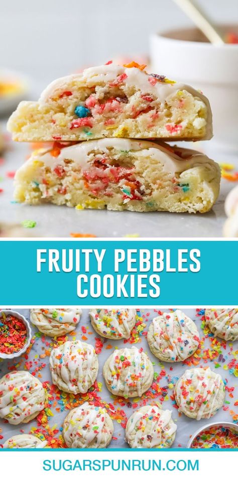 Fruity Pepples Desserts, Fruity Pebbles Cookies, Fruity Pebble Cupcakes, Fruity Pebble Cookies, Fruity Cookies, Sugar Spun Run, Fruity Pebble, Fruity Pebbles Cereal, Pebbles Cereal