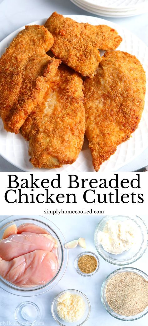 These Baked Breaded Chicken Cutlets are crisp and flavorful. Moist and tender on the inside, this chicken dish has all the tastiness of fried chicken without any of the greasiness. Homemade Chicken Cutlets, Light Breaded Chicken, How To Make Breading For Chicken, Baked Chicken Bread Crumbs, Chicken Cutlets Recipes Baked, Breaded Chicken Patty Recipes, Shallow Fried Chicken Cutlets, Chicken Thigh Recipes Breaded, Cornmeal Breaded Chicken