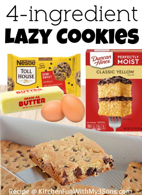 Lazy Cookies, Lazy Chocolate Chip Cookie Bars, Cake Mix Chocolate Chip Cookies, Cake Mix Bars, Lemon Cake Mix Cookies, Cake Mix Cookie, Cake Mix Cookie Bars, Recipes Using Cake Mix, Chocolate Cake Mix Cookies