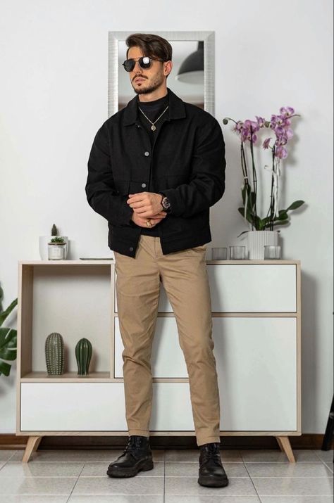 Men’s Fall Outfits Dressy, Neutral Fall Outfits Men, Cream Colour Pant Outfit Men, Neutral Mens Outfits Casual, High Top Shoes Outfit Men, Mens Spring Fashion Casual Street Styles, Black And Beige Outfit Men, Tan Shoes Outfit Men, Mens Neutral Outfit