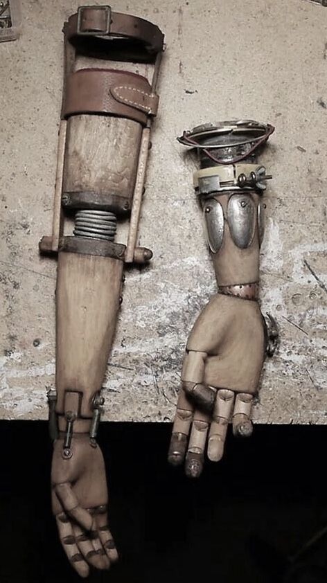 Victorian Prosthetic Arm, Steampunk Hand Prosthesis, Clockwork Prosthetic, Wood Prosthetic Arm, Prosthetic Hand Aesthetic, Fantasy Prosthetic Arm Wood, Biomechanics Aesthetic, Steam Punk Gadgets, Dystopian Mechanic