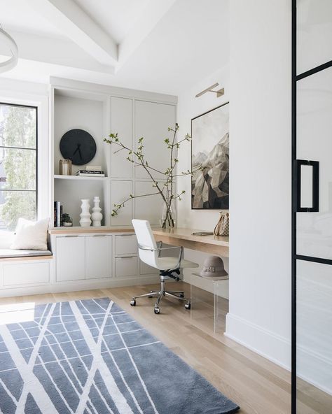 Office • Instagram Transitional Home Office, Area Room Rugs, Floating Desk, Transitional House, Built In Desk, Home Office Space, Home Office Design, Study Room, Home Office Decor