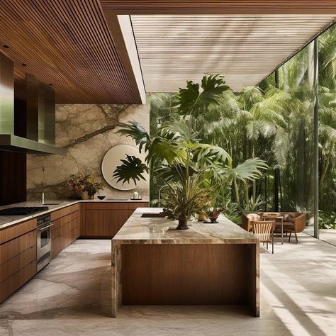 Tropical Kitchen, Modern Tropical House, Jungle House, Tropical House, Mediterranean Homes, Luxury House Designs, Open Kitchen, Mid Century House, Apartment Interior