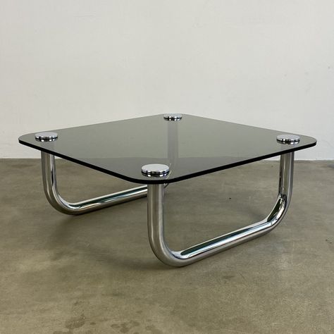 Coffee table with smoke glass & chrome frame, 1970s | #225820 Vintage Glass Coffee Table, Retro Glass Tables, Bauhaus Coffee Table, Retro Glass Coffee Table, Chrome Glass Coffee Table, Chrome Furniture, Bauhaus Table, Smoked Glass Coffee Table, Chrome Coffee Table