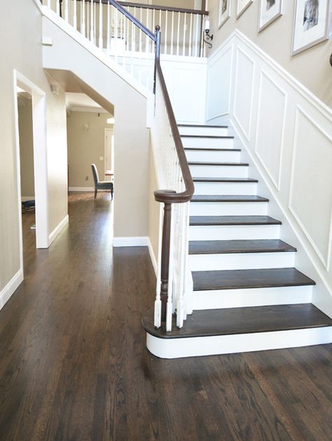 At Last! Refinished Hardwood Floors Jacobean Wood Floors, Jacobean Floor Stain, Jacobean Floors Living Room, Jacobean On White Oak, Jacobean Floors, Hardwood Floors Refinish, Dark Hardwood Floors Living Room, Stairs White, Oak Floor Stains