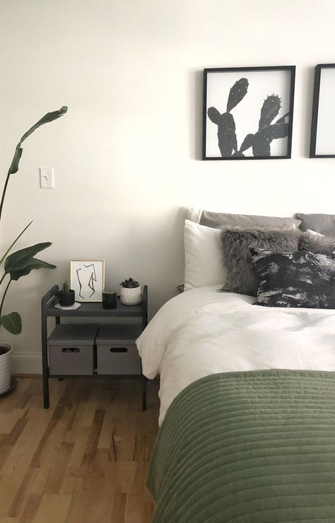 Black and white and green bedroom. Plant inspired bedroom. Sage White And Black Bedroom, Black And Sage Bedding, Green And Black Bedroom Ideas Aesthetic, Black White And Olive Bedroom, Sage Green White Black Bedroom, Olive Black And White Bedroom, Black White Gray Green Bedroom, Green And Grey Room Aesthetic, Black White Green Wood Bedroom