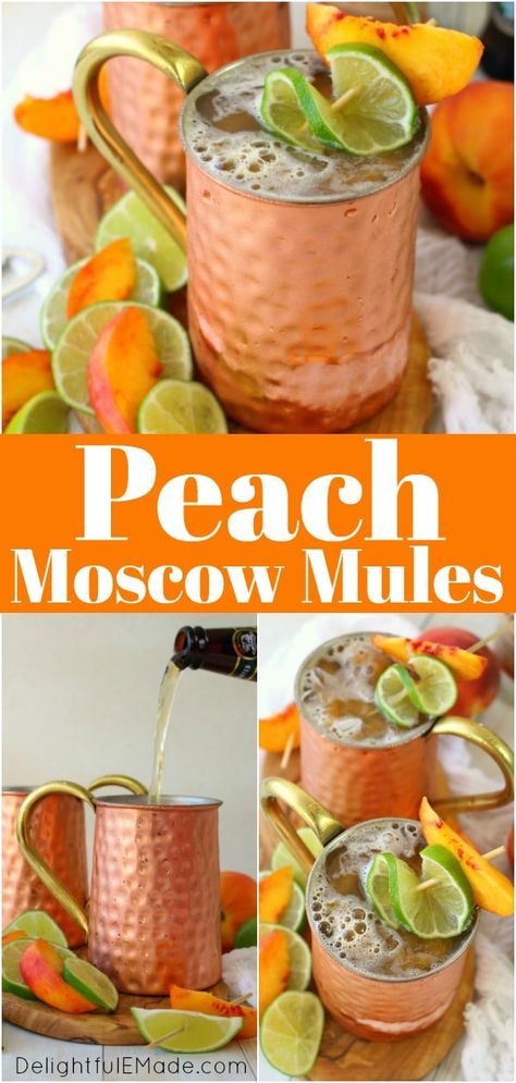 Mules Drinks Cocktail Recipes, Seasonal Moscow Mules, Mule Drink Recipes Ginger Beer, Fruity Moscow Mule Recipe, Peach Mule Drink Recipes, Mules Drink Recipes, Summer Moscow Mule Recipe, Peach Snaps Cocktails, Drinks With Ginger Beer