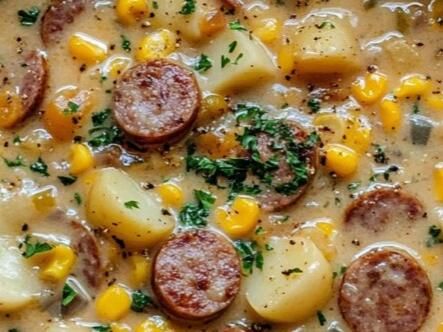 Slow Cooker Sausage & Corn Chowder – A Hearty and Creamy Comfort Dish - NewsBreak Sausage Corn Chowder, Crockpot Corn, Strawberry Cheesecake Salad, Cheesy Ranch Potatoes, Slow Cooker Sausage, Sheet Pan Dinners Chicken, Corn Chowder Recipe, Cheddar Soup, Comfort Dishes