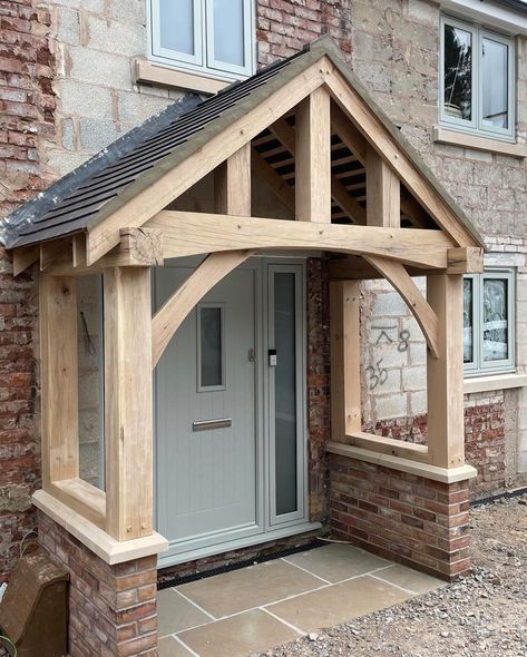 Looking for a stylish new porch in solid oak? We can supply in kit form for you to fit, or we can supply and fit, including any required brickwork etc. Just drop us a message and we’ll be happy to provide you with a bespoke quotation. #oakporch Hallway Window Decor, Oak Porch Lighting, Oak Porch Bungalow, Green Oak Porch, Oak Porches Timber Frames, Front Door Shelter, Front Door With Porch, Oak Front Porch, Oak Frame Porch