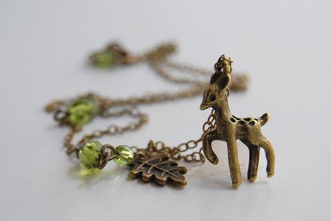 Little Brass Deer Necklace by EnchantedLeaves on Etsy, $17.99 Fawn Necklace, Cute Fawn, Cottagecore Forest, Whimsical Necklace, Deer Jewelry, Deer Necklace, Forest Deer, Deer Photos, Peridot Color