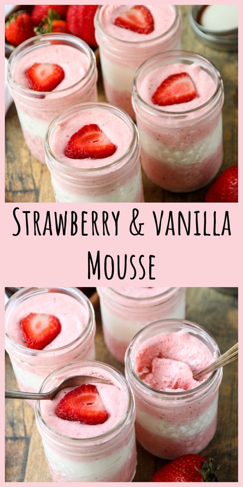 Pink and white layers of strawberry and vanilla mousse in four small mason jars. Easy Strawberry Mousse, Strawberry Mousse Recipe, Mousse Recipes Easy, Vanilla Mousse, Mason Jar Desserts, Strawberry Mousse, Mousse Dessert, Dessert In A Jar, Spring Desserts