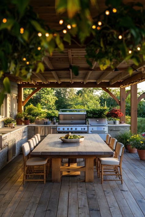 Outdoor kitchen with a wooden dining table, chairs, grill, and string lights, surrounded by greenery. Covered Patio Grill Station, Covered Outdoor Dining Spaces, Backyard Oasis Ideas Inspiration, Backyard Hosting Ideas, Outdoor Kitchen With Covered Roof, Backyard Eating Spaces, Outdoor Kitchen And Patio, Backyard Patio Kitchen, Affordable Outdoor Kitchen Ideas