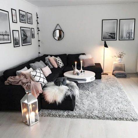 Pink Rug Living Room, Grey And Pink Living Room, Black Living Room Decor, Black And White Living Room, First Apartment Decorating, Black Living Room, Pink Living Room, Dekorasi Kamar Tidur, Neutral Living Room